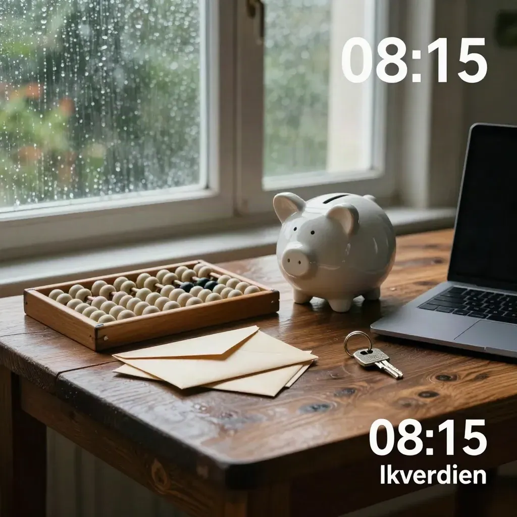 Abacus, enveloppen, map, spaarpot, sleutels en laptop op natte houten tafel bij raamlicht.