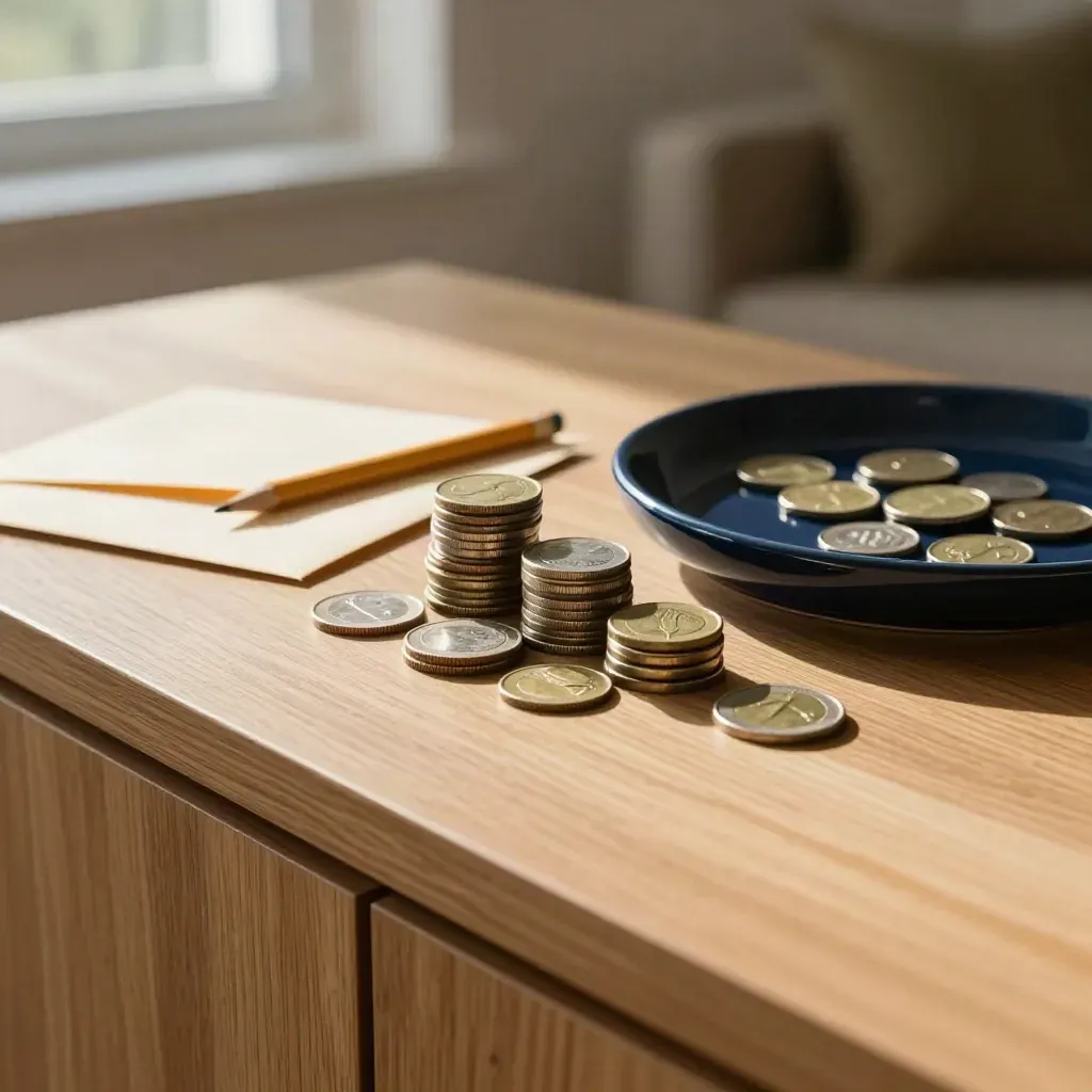 Drie stapeltjes munten naast een envelop en stompje potlood op een houten sidetable.