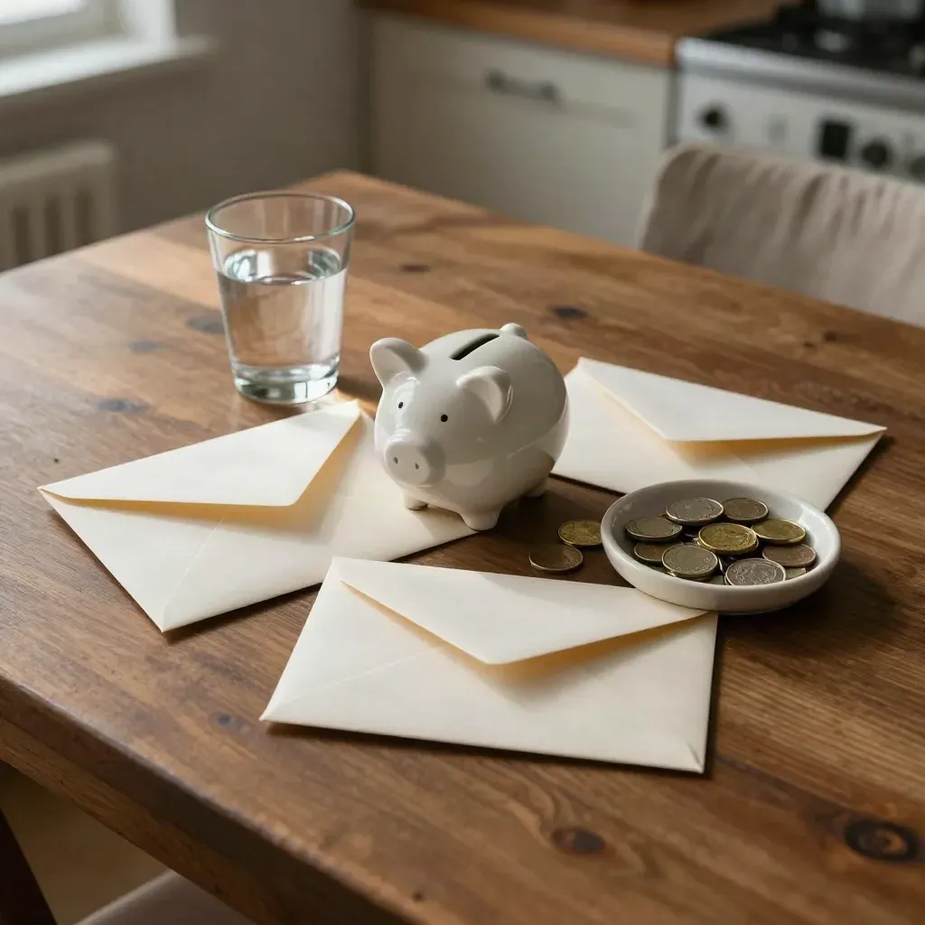 Bovenaanzicht van enveloppen, spaarpot, muntbakje en glas water op een houten keukentafel.