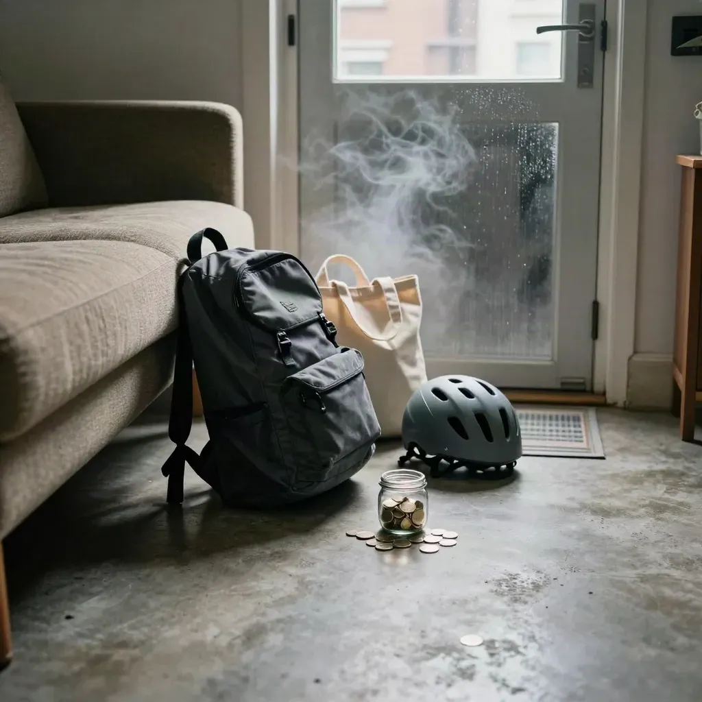 Studentenrugzak, helm, totebag en muntpot bij een stadsdeur op beton.