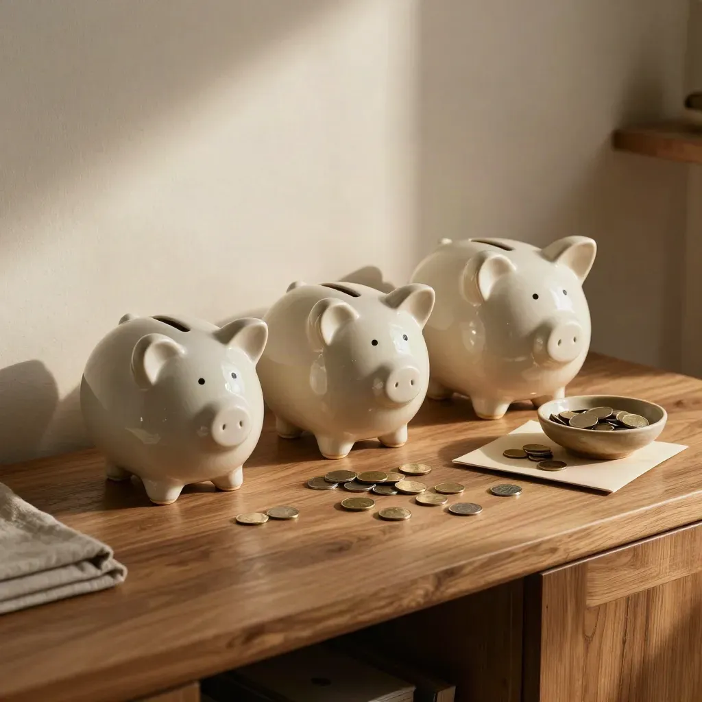 Drie spaarpotten met steeds meer munten, een noodenvelop en een keramische schaal in zacht licht.