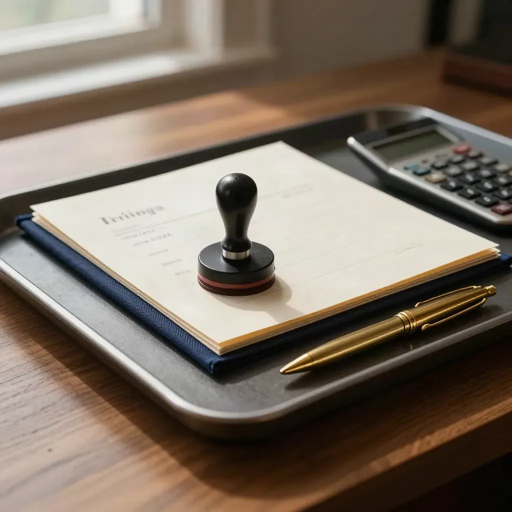 Donkere tray met factuurmap, stempel, rekenmachine en messing pen op een houten bureau.