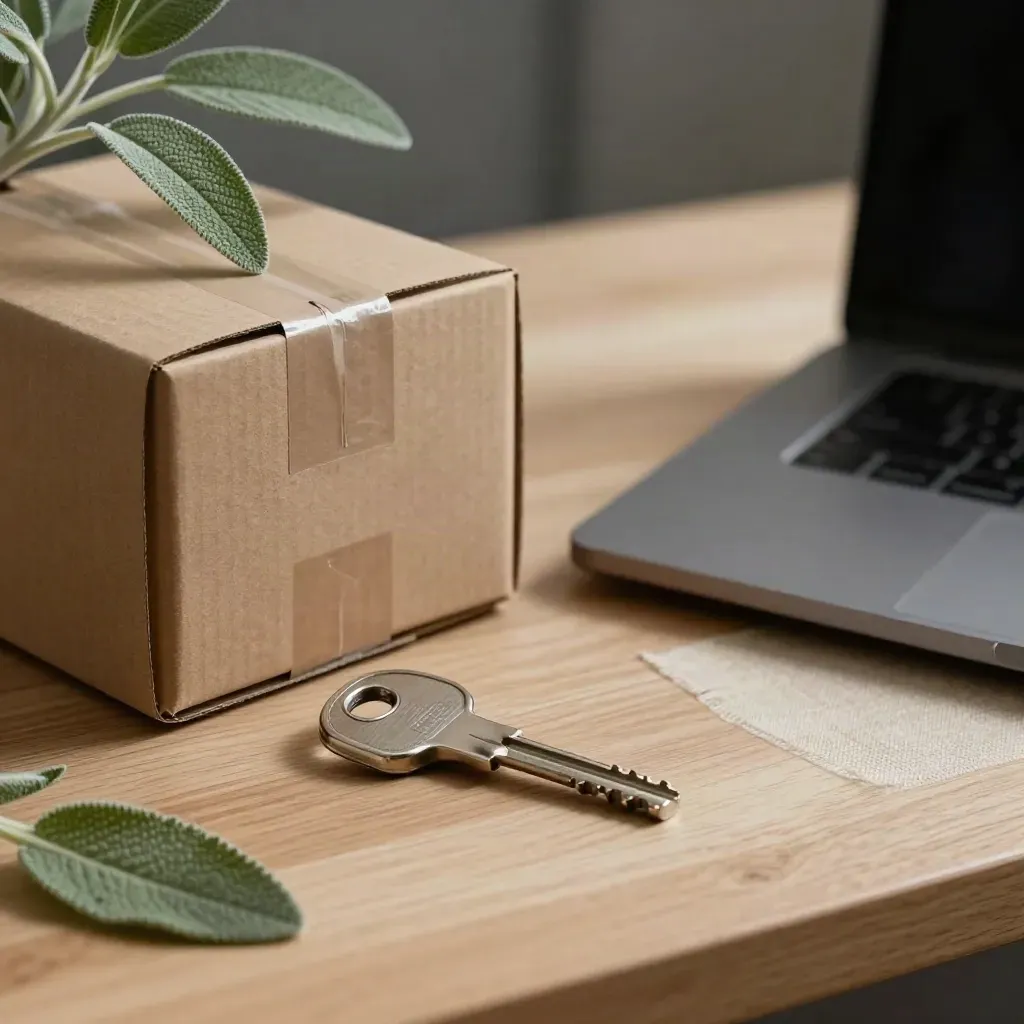 Avondelijke thuisstudio met sleutel, verzenddozen, gesloten laptop en plant