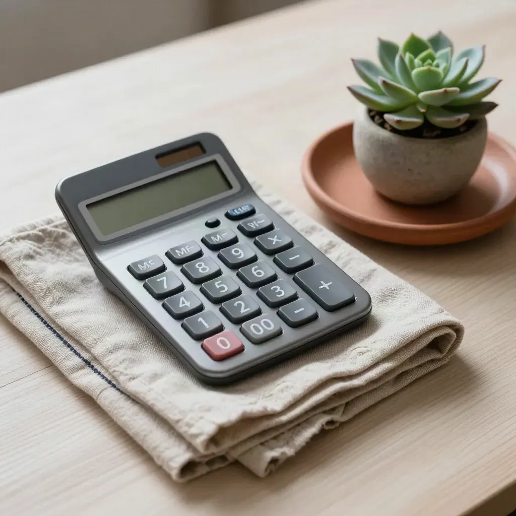 Bovenaanzicht van een grafietkleurige calculator, linnen doek, terracotta schaal en vetplant op licht hout.
