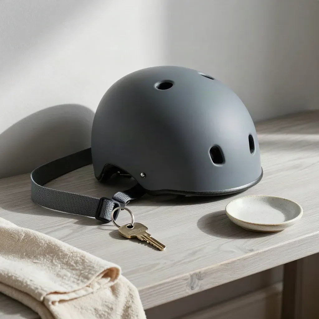 Matte fietshelm met bezorgtasstrap, sleutelbos en schaaltje op een houten bankje.