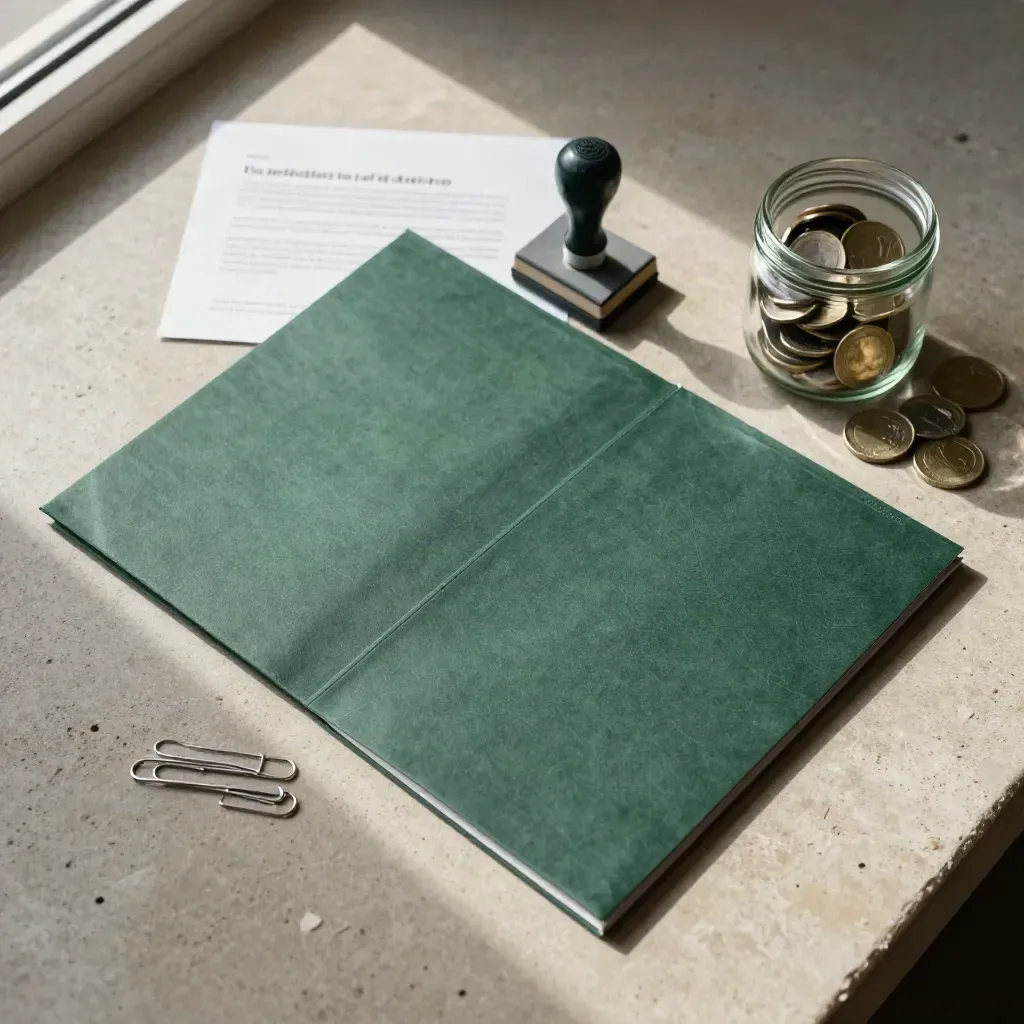 Van boven geordende belastingmap, stempel, paperclips en pot met munten op stenen ondergrond.